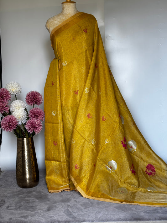 Yellow Tissue Linen Saree- Peacock
