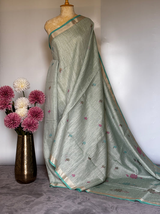 Mint Green Tissue Linen Saree- Flower butta