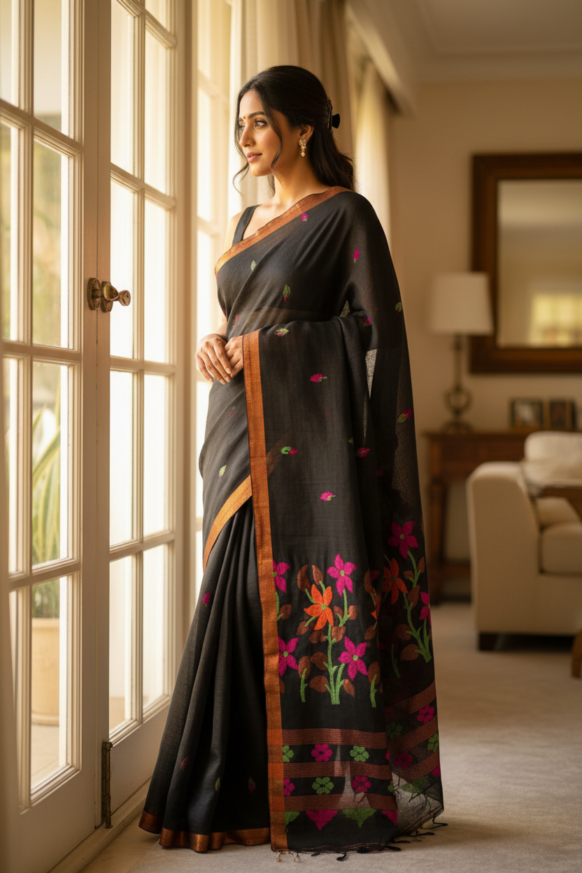 Black Linen Jamdani Saree