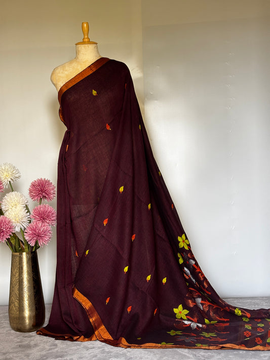Brown Linen Jamdani Saree
