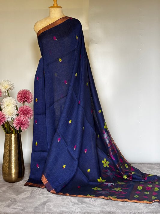 Blue Linen Jamdani Saree