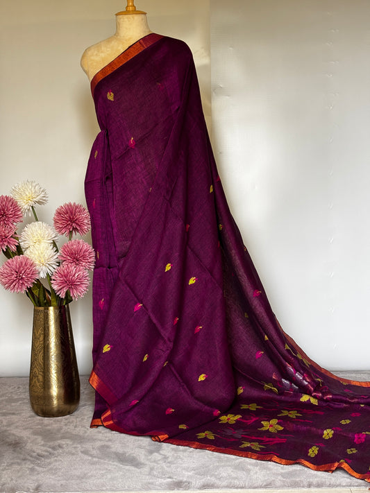 Purple Linen Jamdani Saree