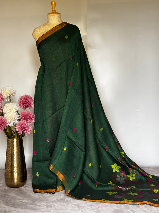 Bottle Green Linen Jamdani Saree
