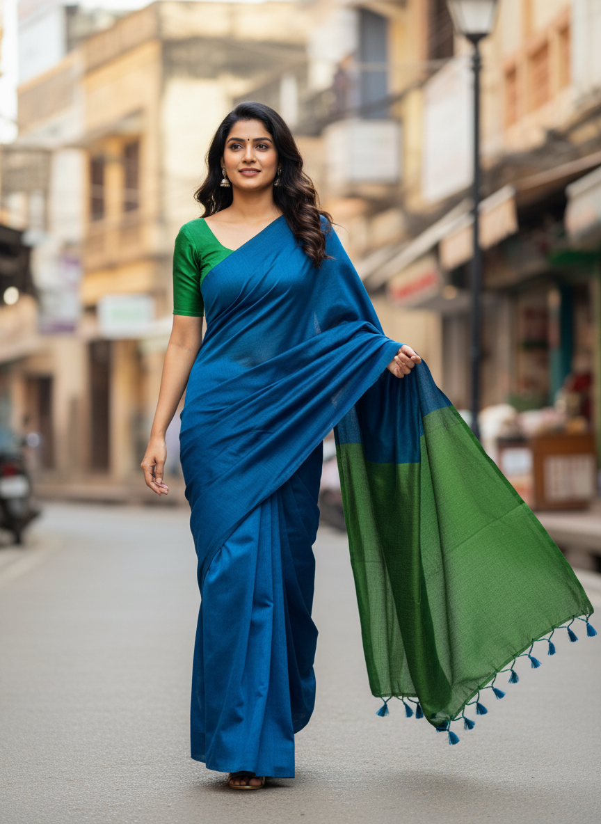 Cotton Saree with contrast Pallu - Combination 1