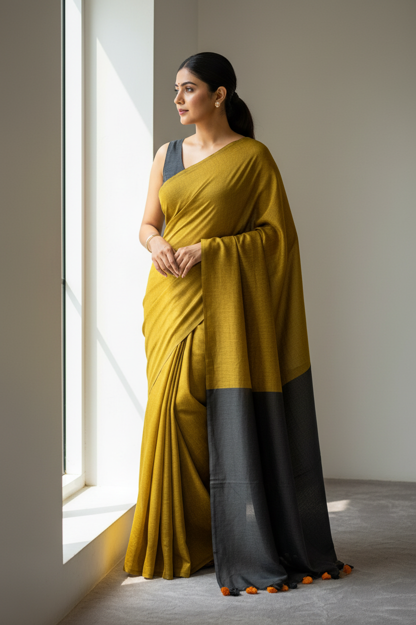 Cotton Saree with Contrast Pallu - Combination 2