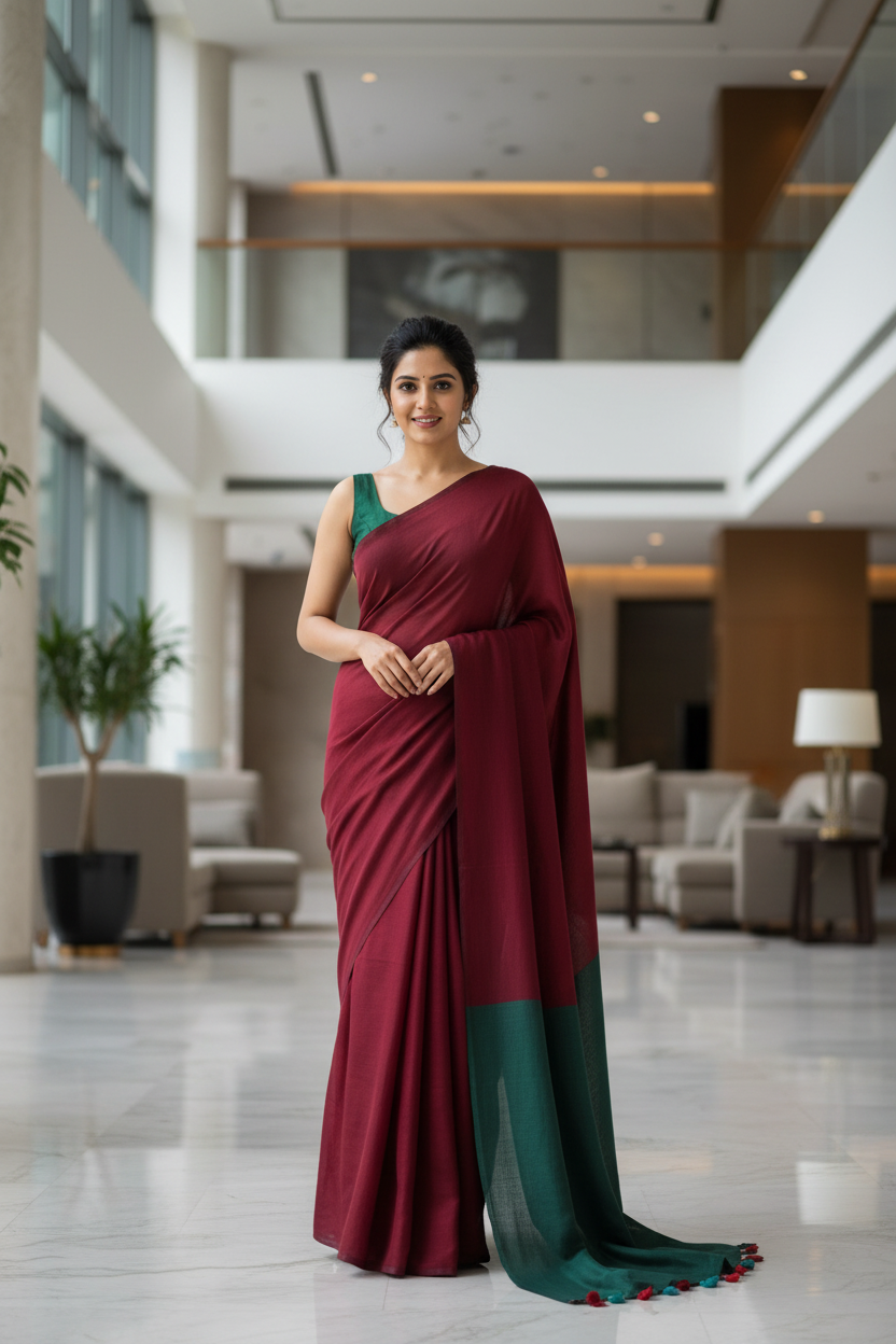 Cotton Saree with Contrast Pallu - Combination 3