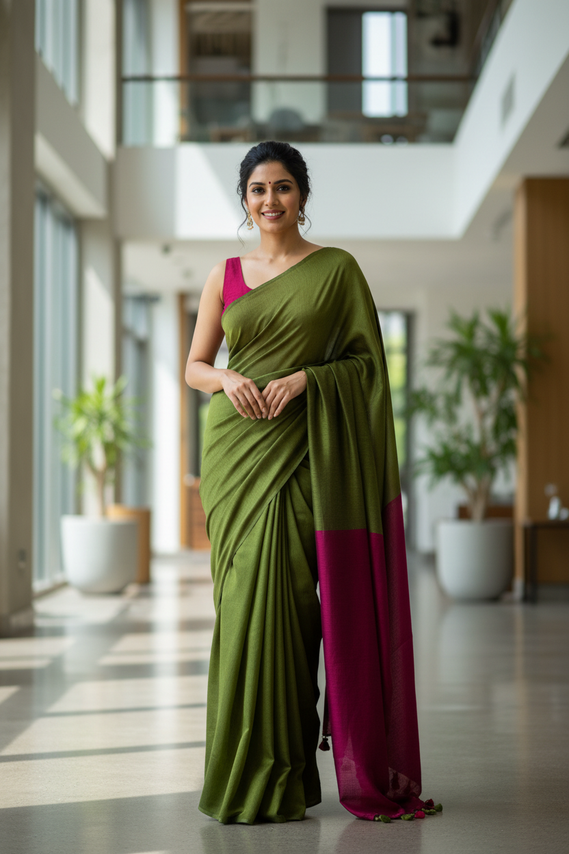 Cotton Saree with Contrast Pallu - Combination 4