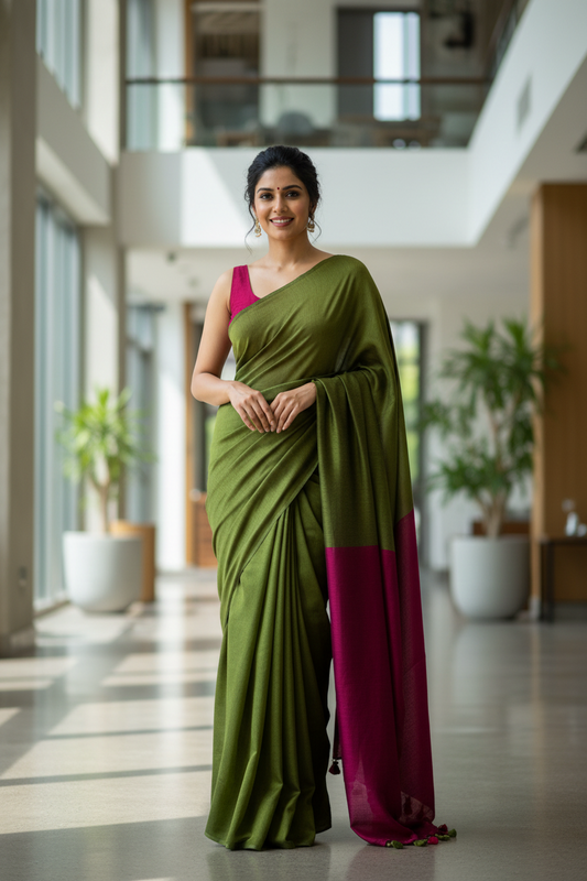 Cotton Saree with Contrast Pallu - Combination 4
