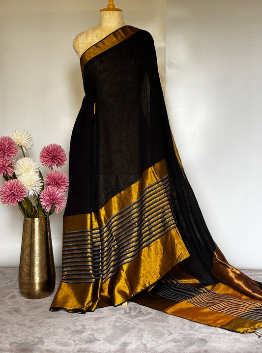 Black Striped Mahapaar Linen Saree