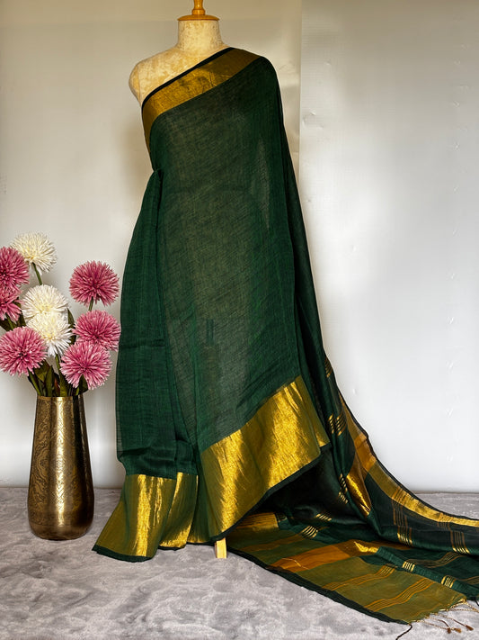 Bottle Green Mahapaar Linen Saree