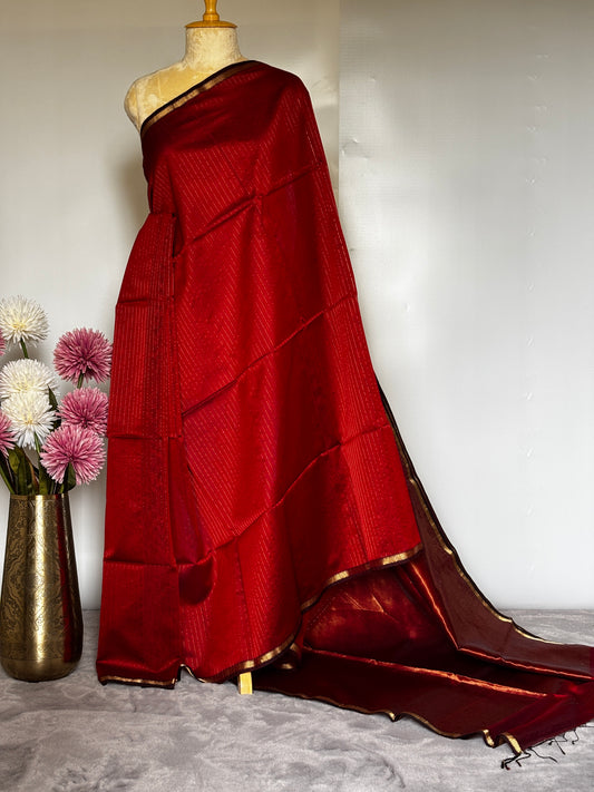 Red Maheshwari Saree with Zari stripes