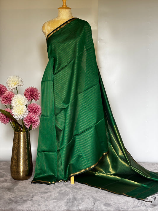 Green Maheshwari Saree with Zari stripes
