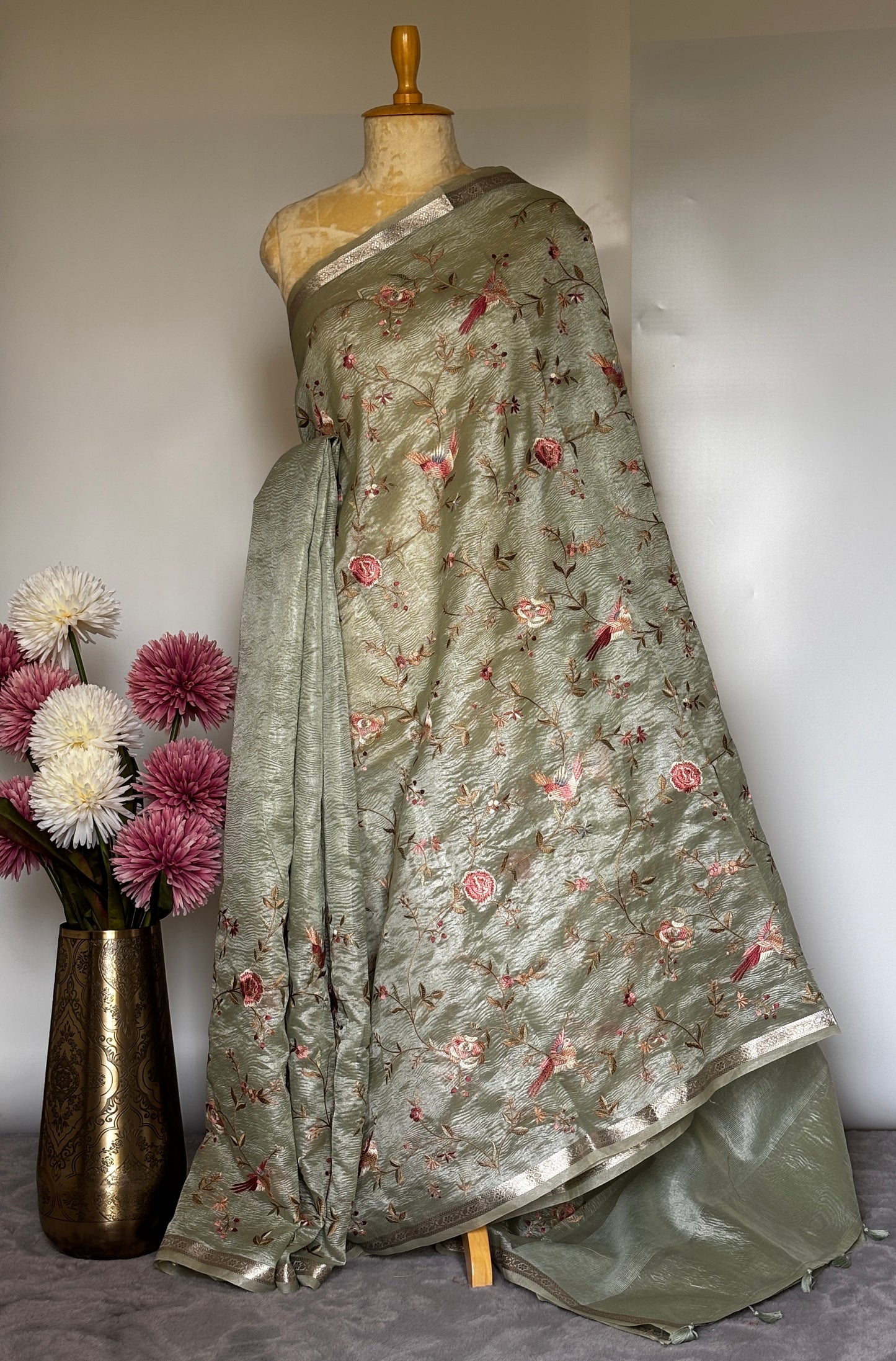 Pastel Green Crush Tissue Saree with Parsi Gara embroidery