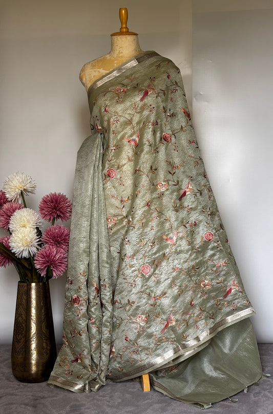 Pastel Green Crush Tissue Saree with Parsi Gara embroidery
