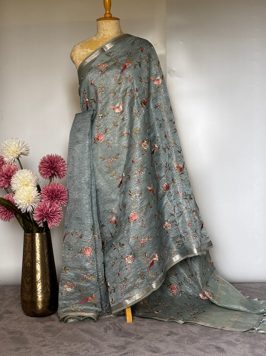 Pastel Blue Crush Tissue Saree with Parsi Gara embroidery