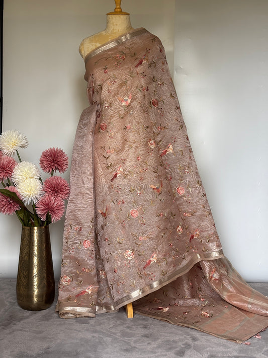 Pastel Pink Crush Tissue Saree with Parsi Gara embroidery