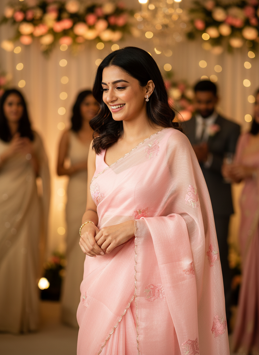 Baby Pink Crush Tissue Saree