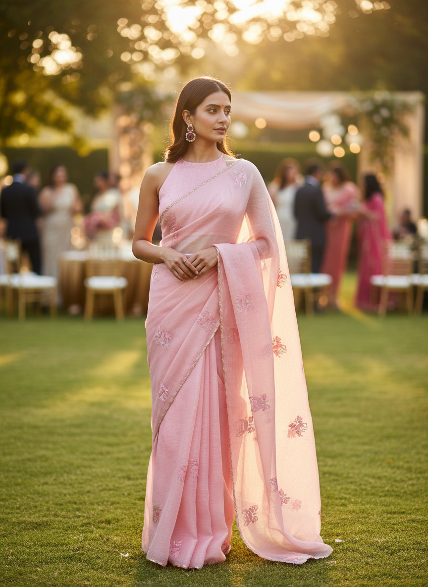 Baby Pink Crush Tissue Saree