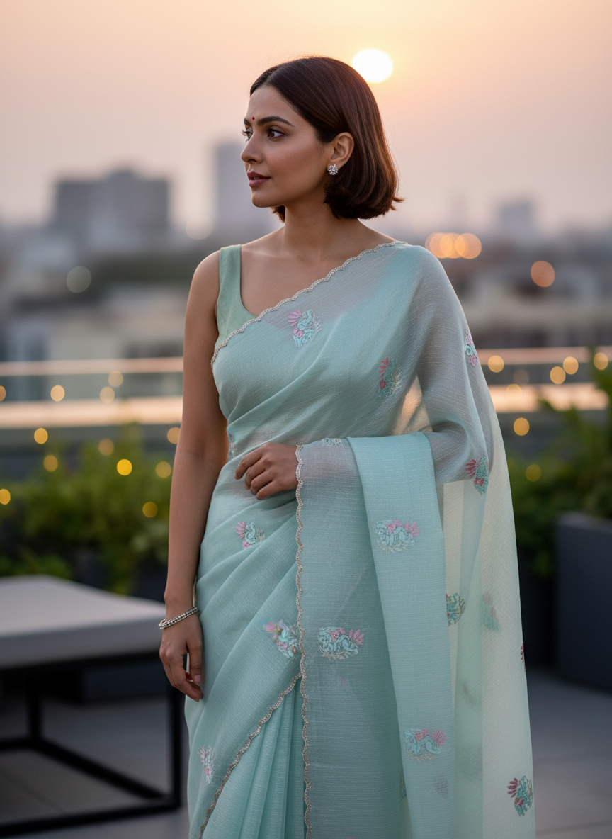 Sea Blue Crush Tissue Saree