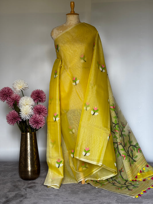 Yellow Muslin Silk Jamdani Saree