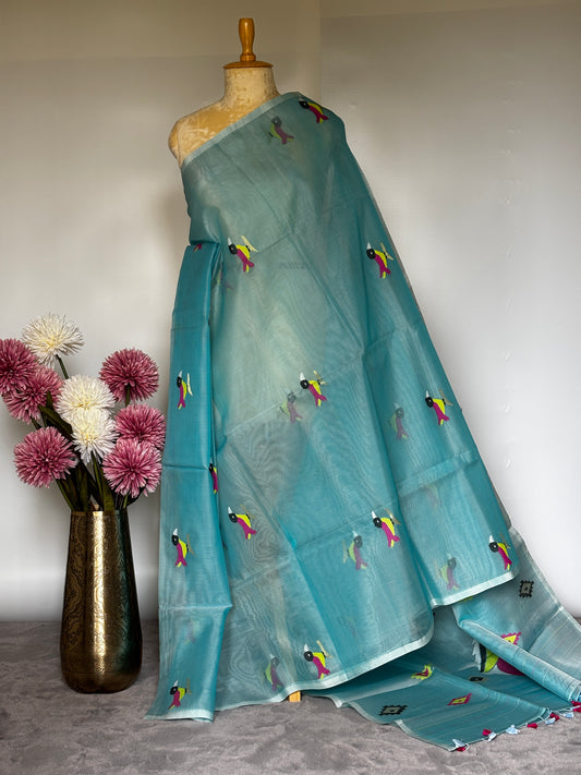 Aqua Blue Muslin Silk Jamdani Saree