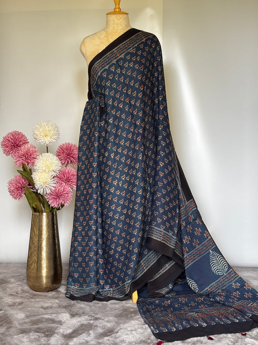 Small Lotus Ajrakh Modal Silk Saree - Blue