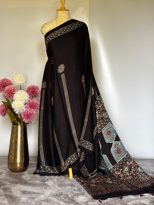 Black Striped Ajrakh Modal Silk Saree