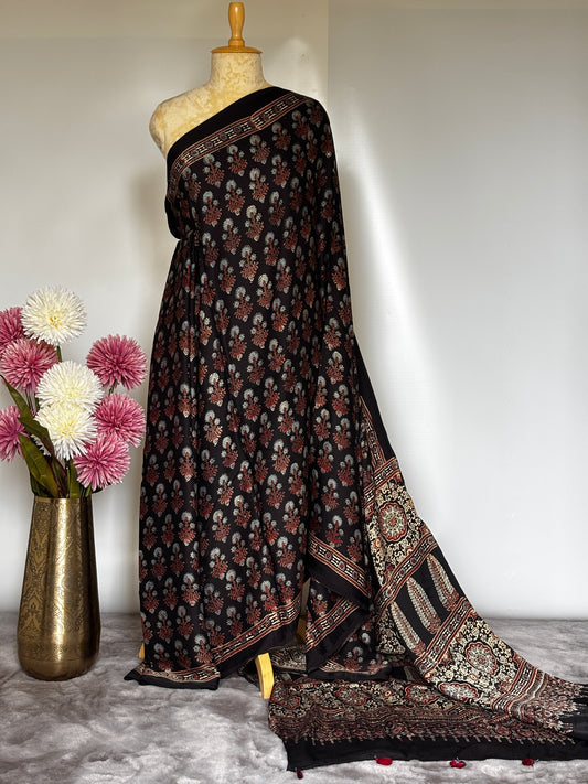 Black Marigold Ajrakh Modal Silk Saree