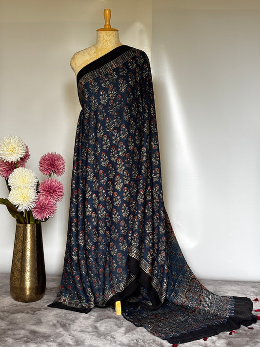 Blue Marigold Ajrakh Modal Silk Saree