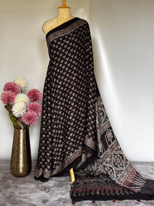 Small Lotus Ajrakh Modal Silk Saree - Black
