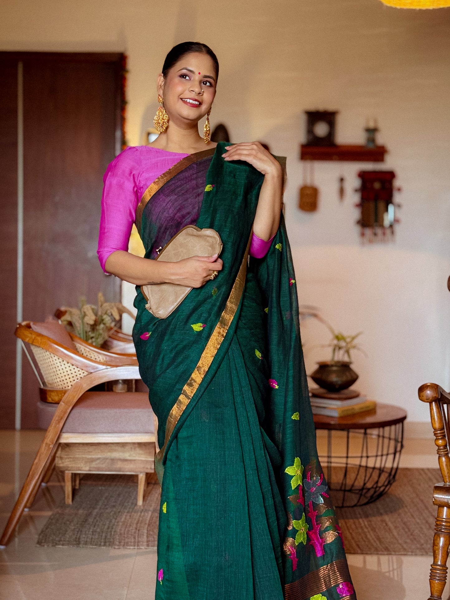 Bottle Green Linen Jamdani Saree
