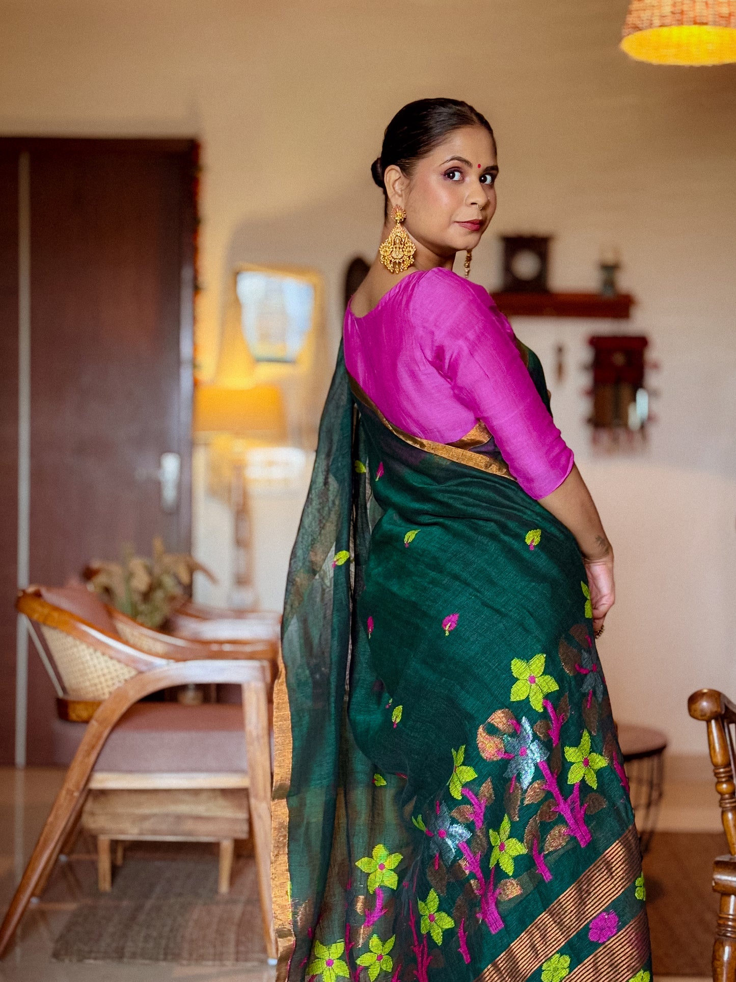 Bottle Green Linen Jamdani Saree