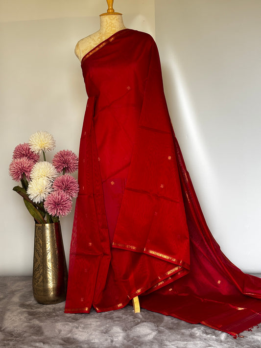 Red Maheshwari Silk Cotton Handloom Saree