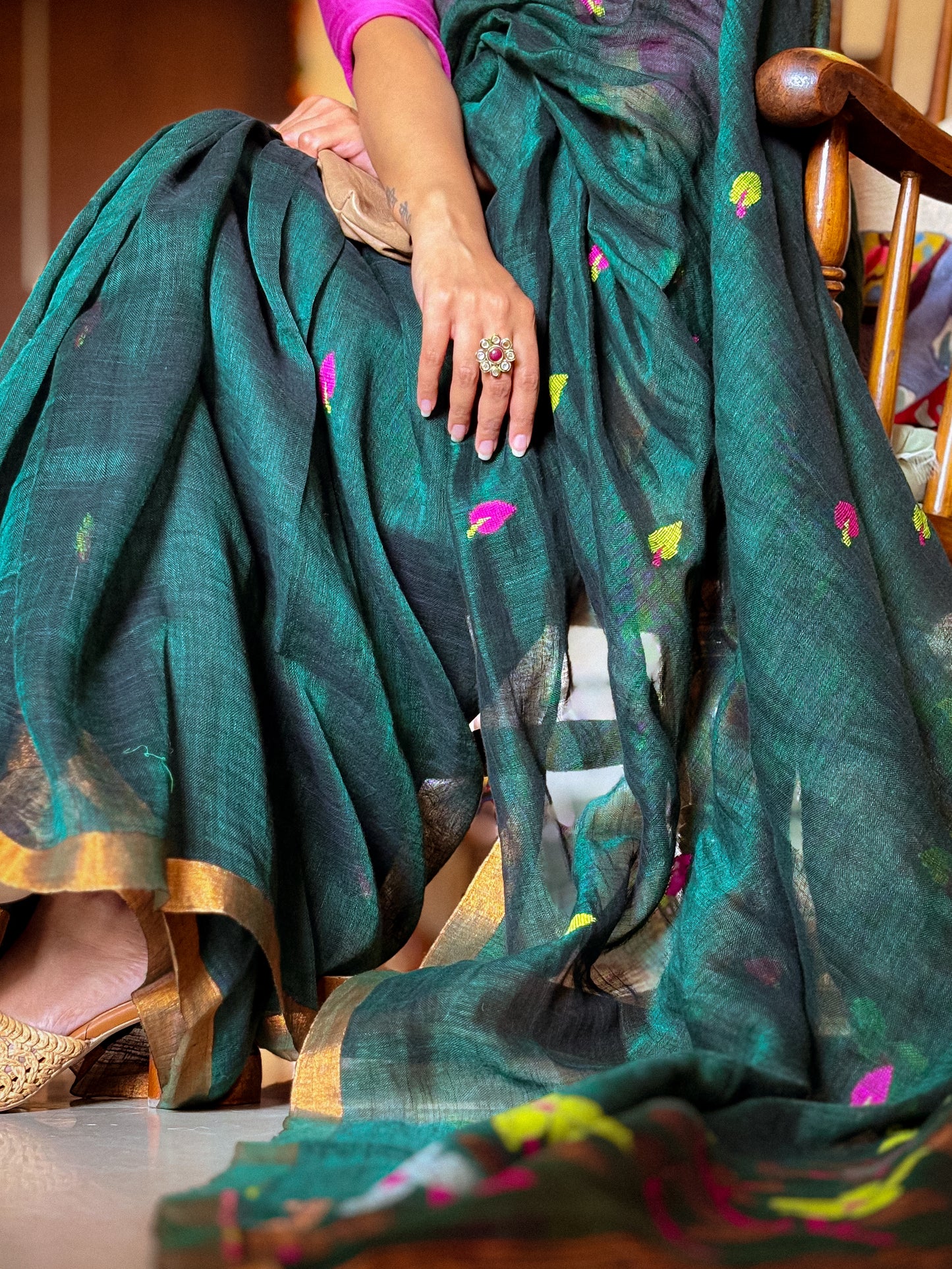 Bottle Green Linen Jamdani Saree