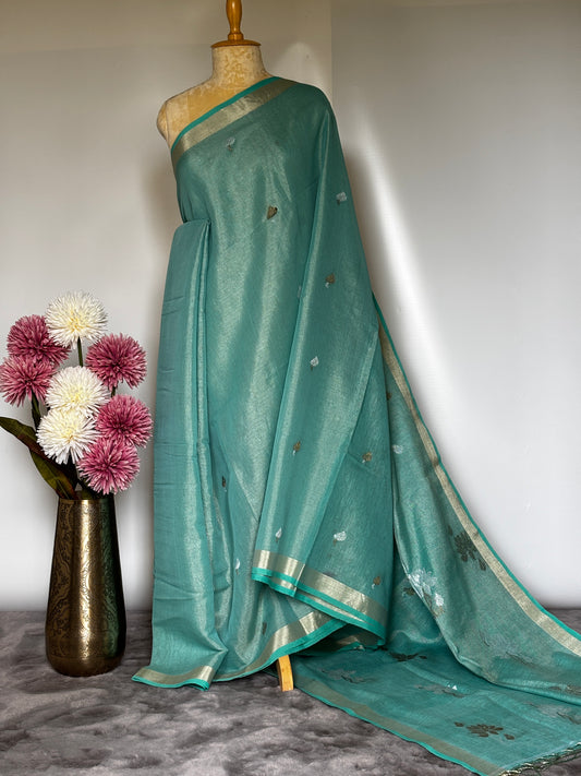 Sea Blue Tissue Linen Saree- Flower butta