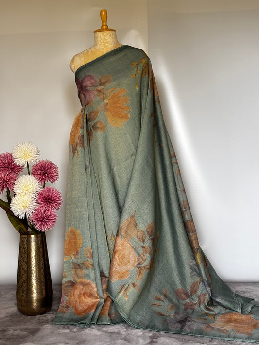 Olive Green Crush Tissue Saree with Digital Print