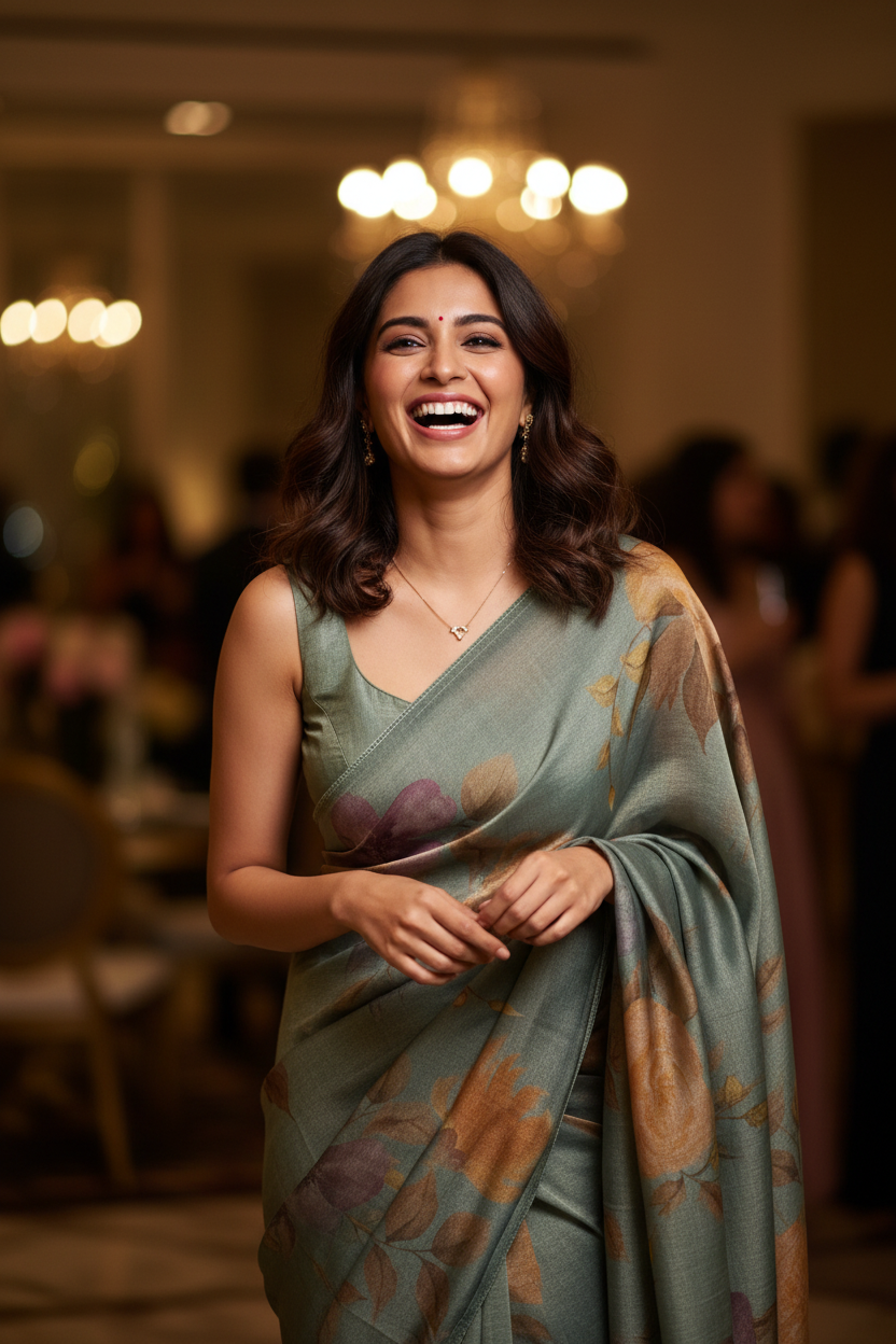 Olive Green Crush Tissue Saree with Digital Print