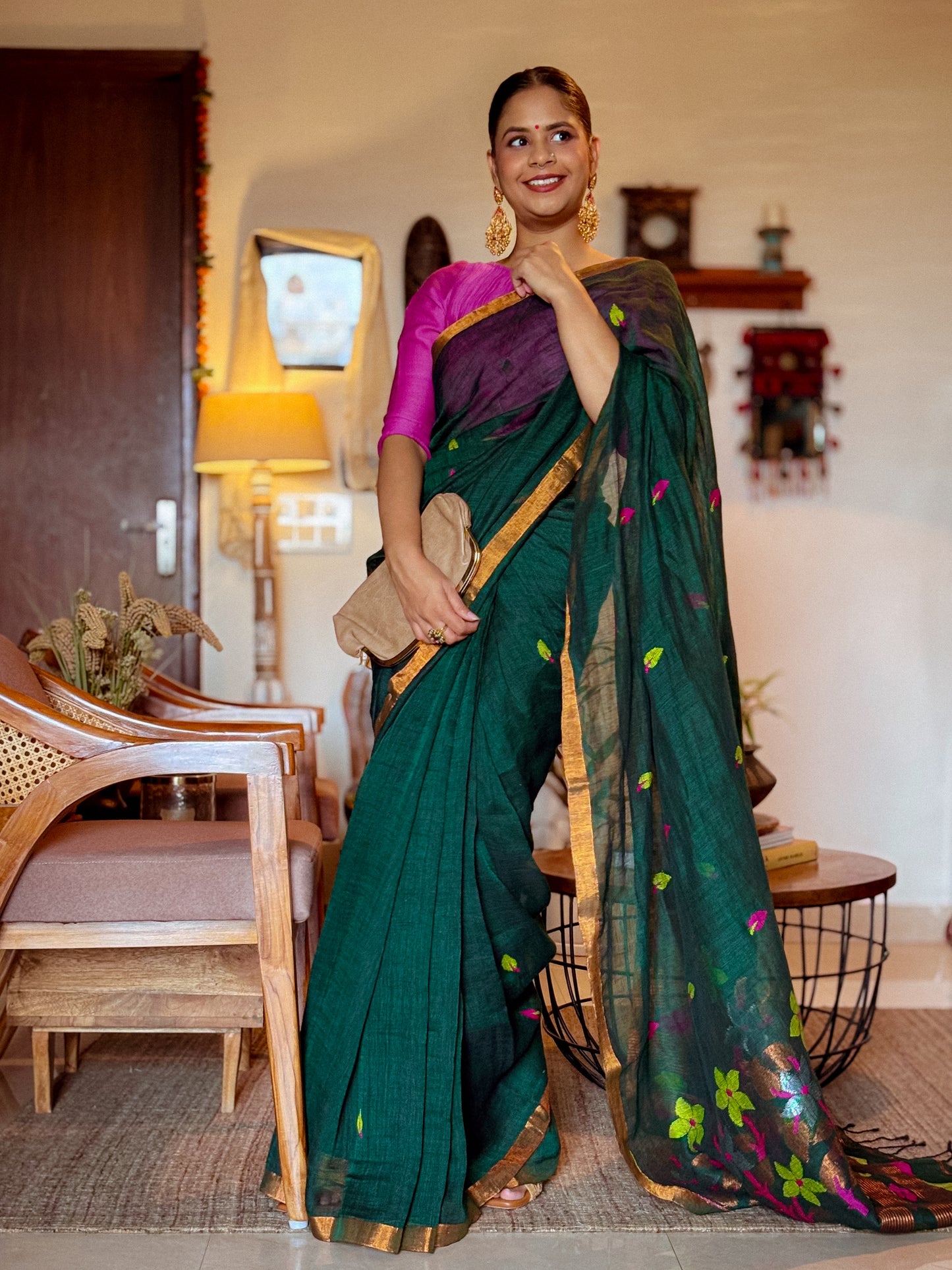 Bottle Green Linen Jamdani Saree