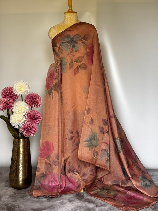 Orangish Peach Crush Tissue Saree with Digital Print
