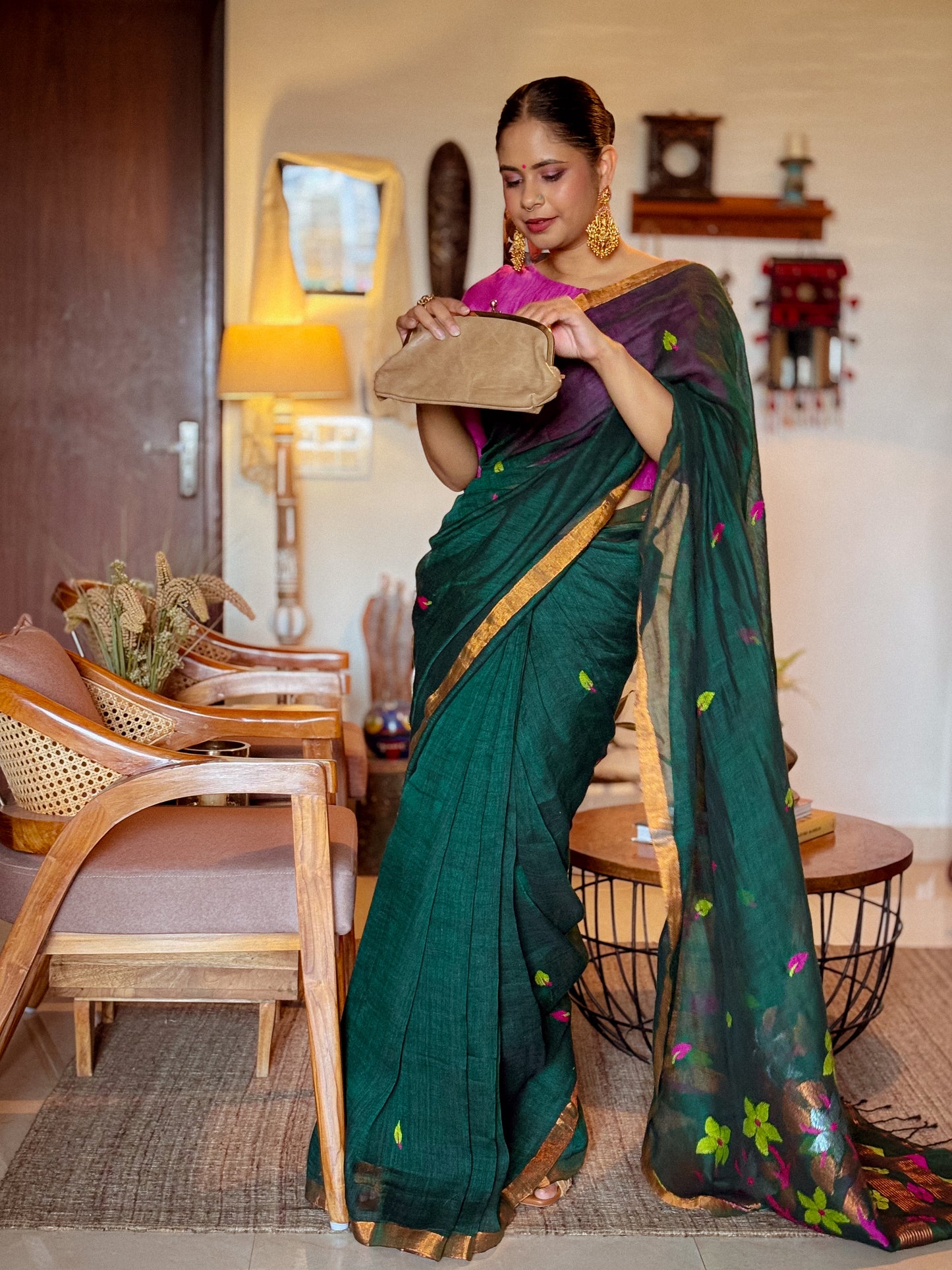 Bottle Green Linen Jamdani Saree