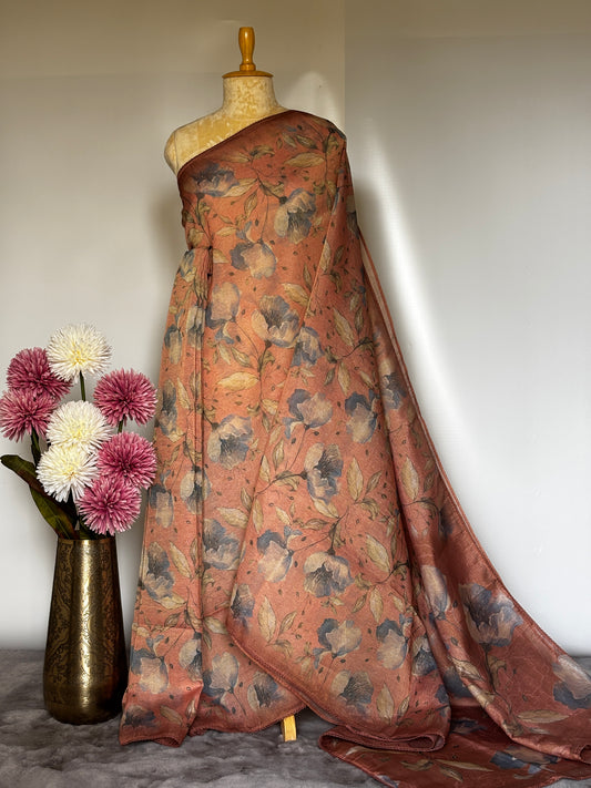 Orange Peach Crush Tissue Saree with Digital Print