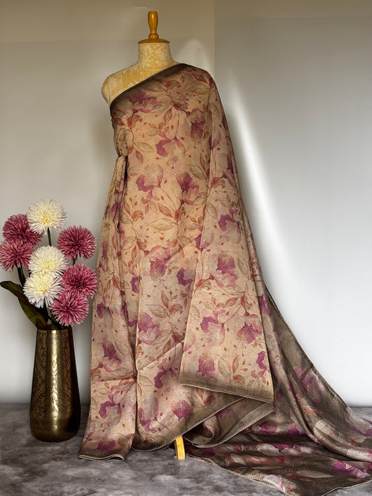 Beige and Purple Crush Tissue Saree with Digital Print