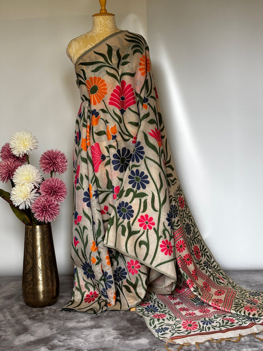 Chanderi Cotton Saree with jaal embroidery - Design 2