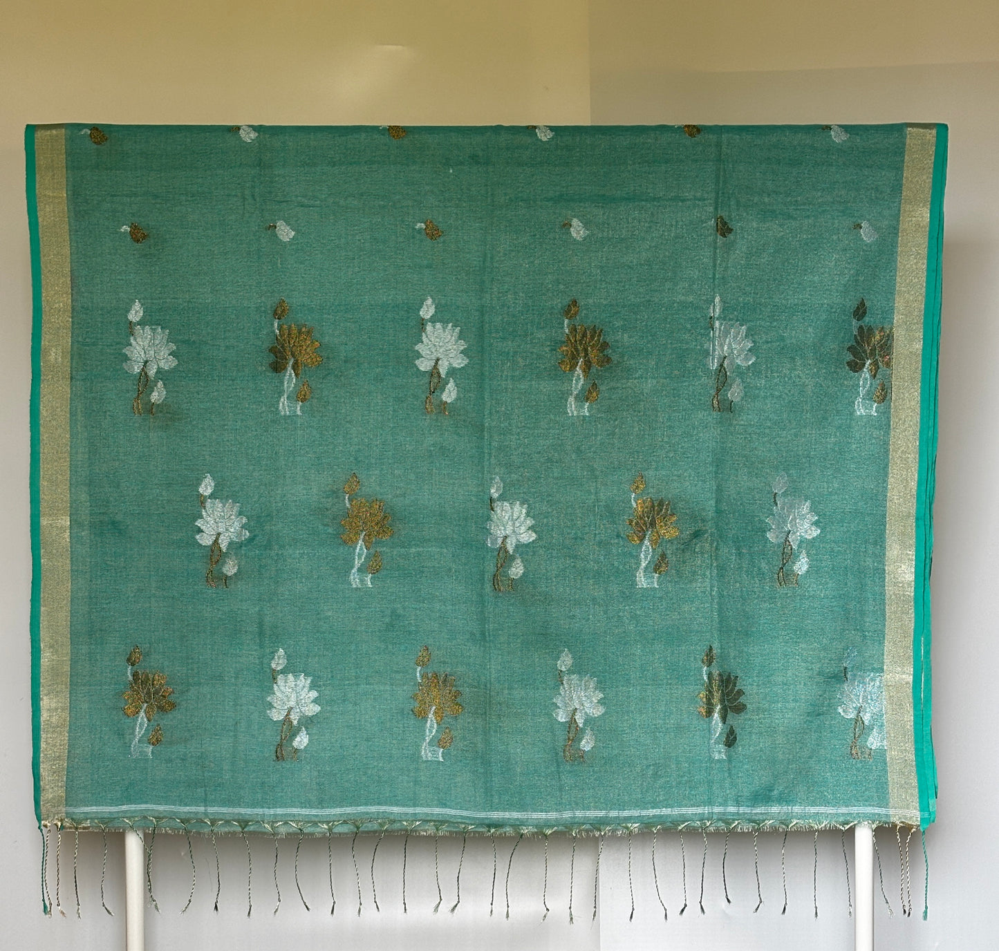 Sea Blue Tissue Linen Saree- Flower butta