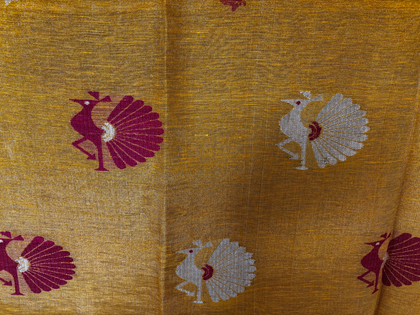 Yellow Tissue Linen Saree- Peacock