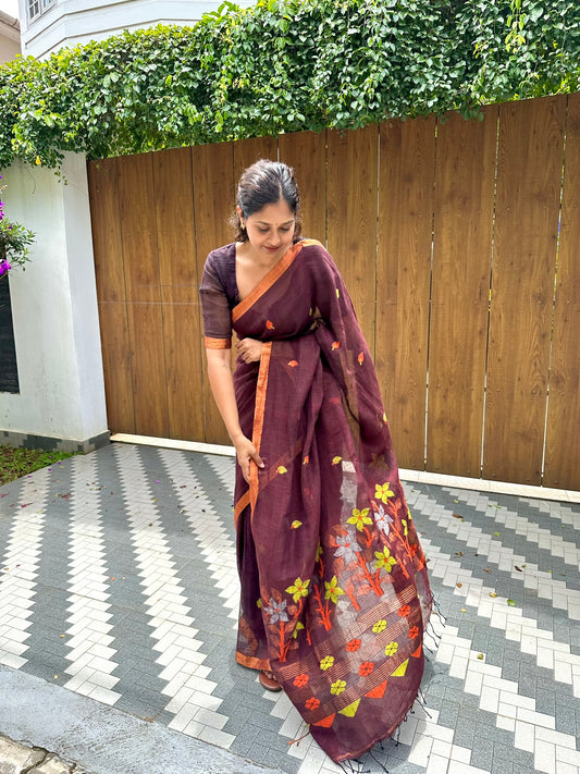 Brown Linen Jamdani Saree