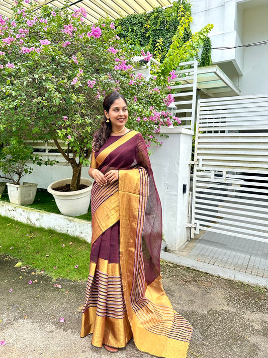 Brown Striped Mahapaar Linen Saree