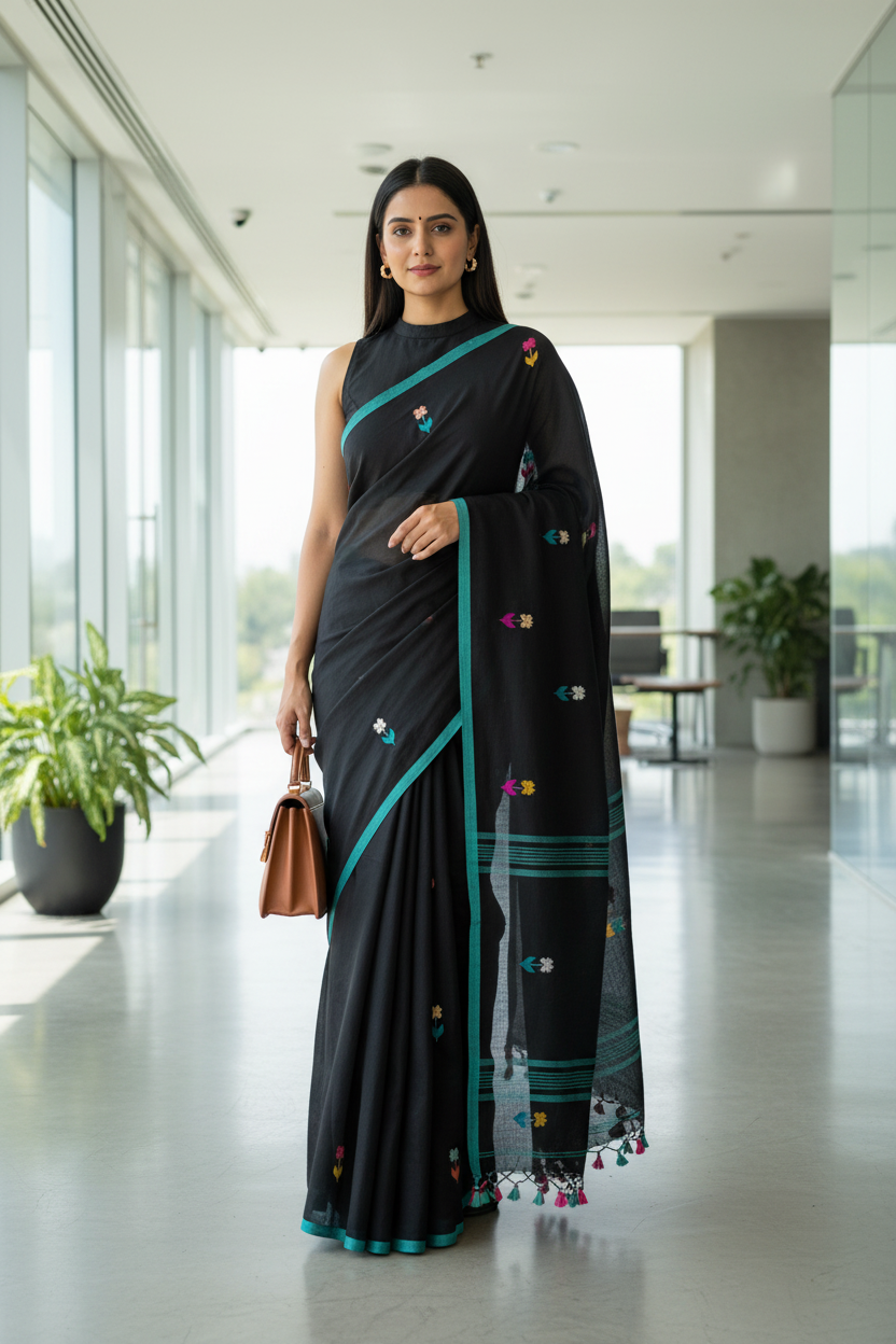 Black Bloom Cotton Saree