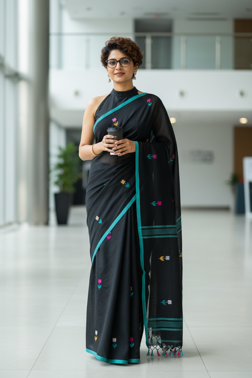Black Bloom Cotton Saree