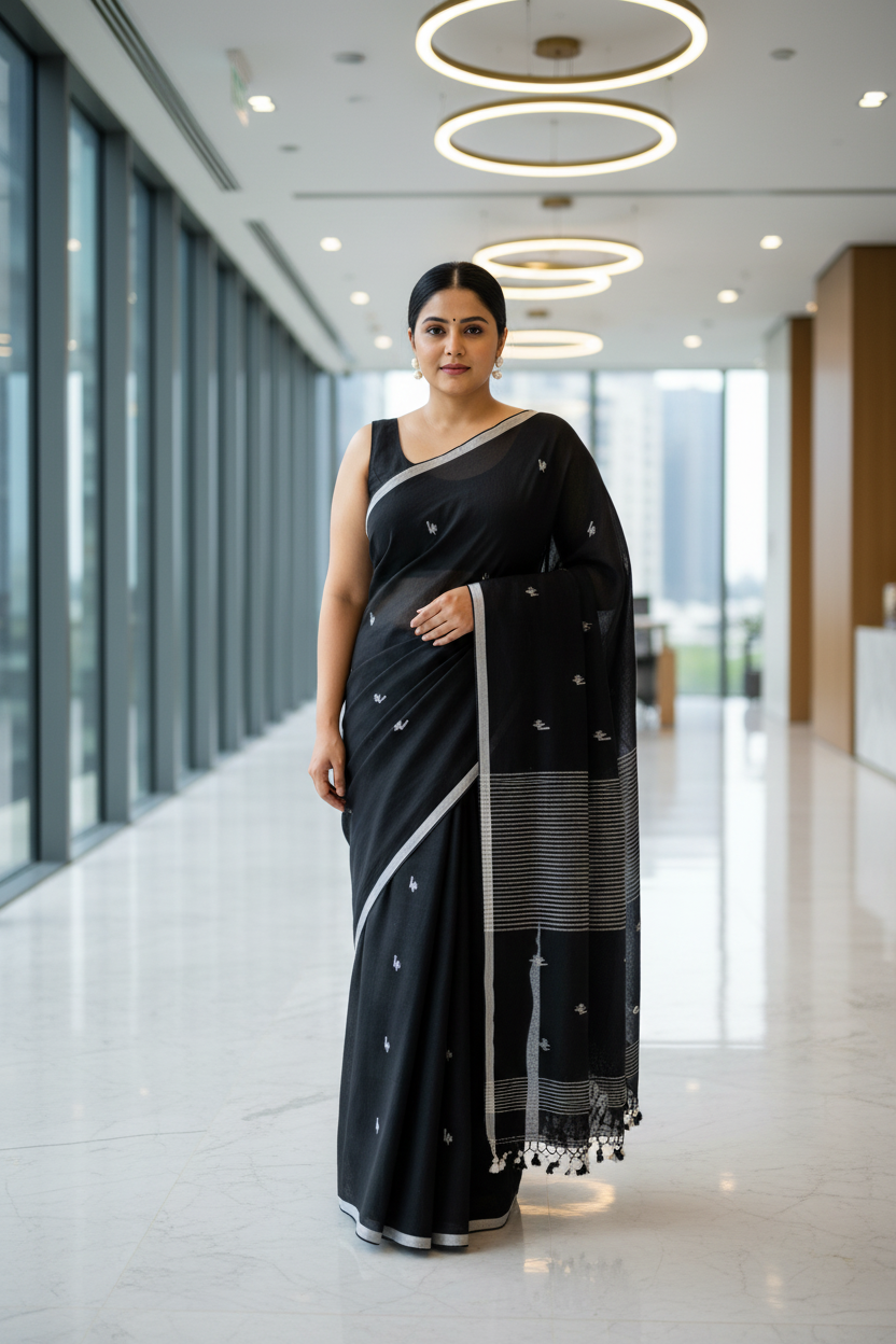 Black and White Cotton Saree